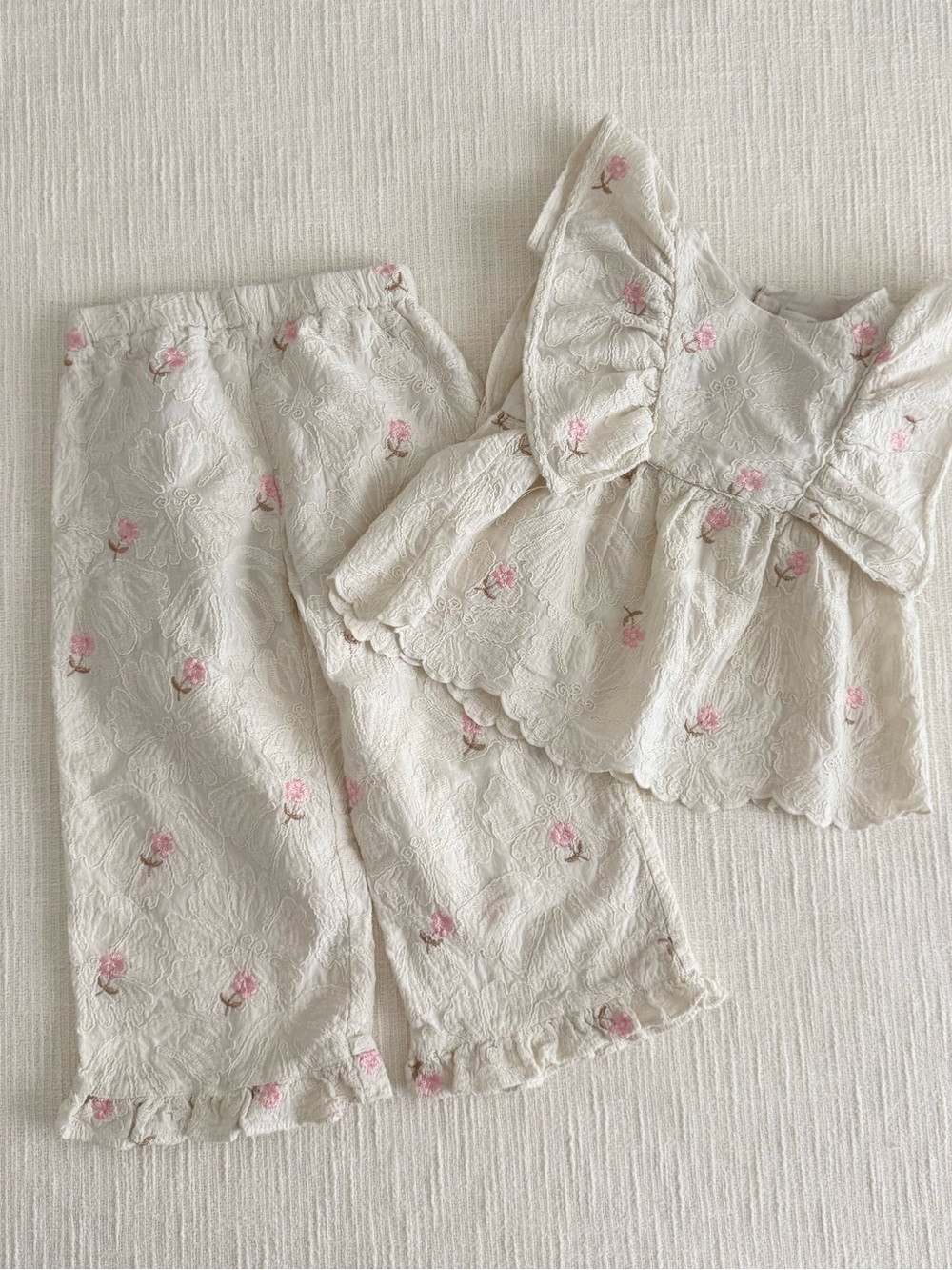 Girls Cream Floral Ruffle Set - Soft Pink Embroidered